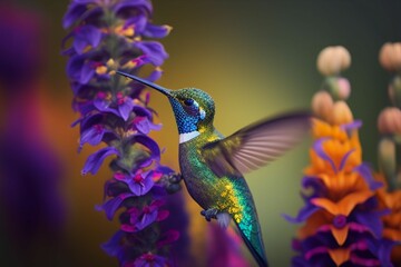 AI generated illustration of a vibrant hummingbird in mid-flight near flowers