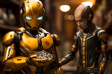Playful and adorable small robot gripping bitcoin cryptocurrency symbol firmly in its hand