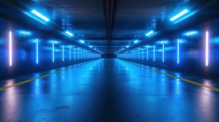 Modern futuristic underground parking corridor warehouse with lighting empty stage