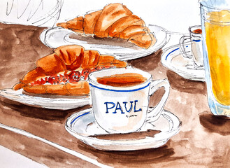 Sketch breakfast with croissant and coffee on the table in the famous cafe travel sketchbook hand drawn watercolor