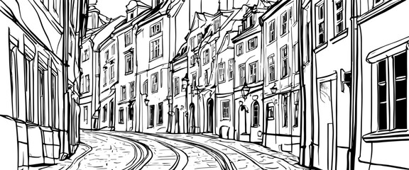 Wooden houses on a narrow street. old town. Vector sketch illustration