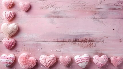 Valentine's day background with pink hearts on wooden table.