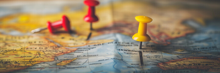 Red and yellow Pushpins on a map. travelling concept. travel. cartography and geography atlas