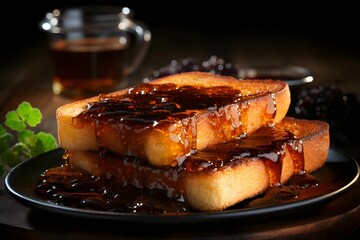 AI generated illustration of delicious buttered toasts on a plate - obrazy, fototapety, plakaty
