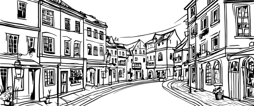Street view of the old town in France, Europe, vector drawing. Houses in old town. Artistic illustration. Hand drawn travel sketch. Line art design for adult or kids coloring page. Postcards, cards.