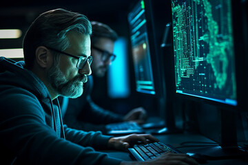 Experienced hacker in action breaking software protection server code Generative Ai image pic