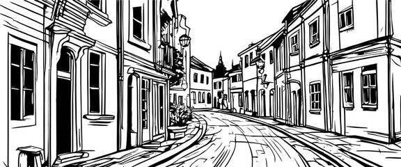 Urban sketch with landscape of the old European city. Prague, Old street and archway in hand drawn style on white background. Vector illustration