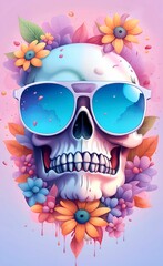 AI generated illustration of a whimsical skull wearing sunglasses and adorned with flowers