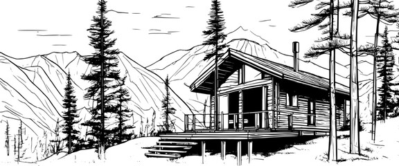 Alpine landscape sketch. Mountain cabin, pine tree forest and mountain ranges