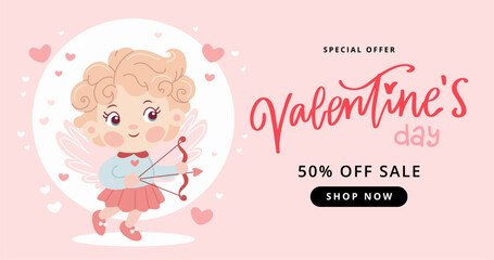 St. Valentine s day sale banner with cute Cupid character, Vector illustration in simple modern style