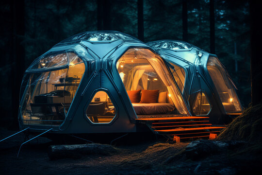 AI generation picture image of modern futuristec caravan house tent of future