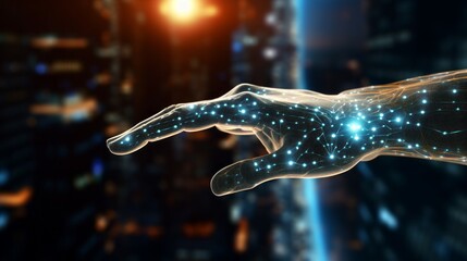 Robotic hand pointing to global network connections: futuristic wireless business data exchange