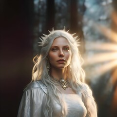 Naklejka premium Beautiful young witch with long white hair styled in a spiked headdress. Ai generated