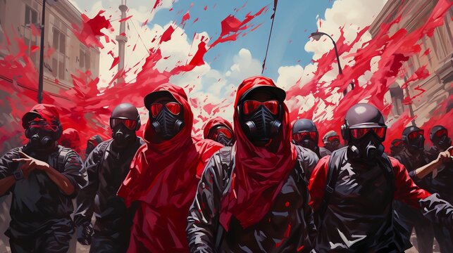 AI generated illustration of a group of people wearing masks and covered in red paint during a riot
