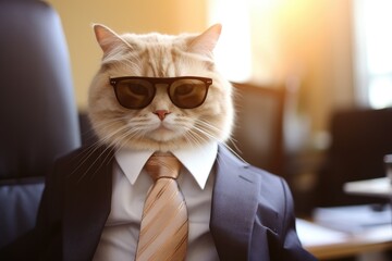 A cat wearing sunglasses and a suit with a tie in nature - obrazy, fototapety, plakaty