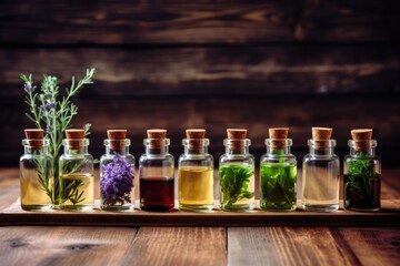 An assortment of essential oil bottles with fresh plants such as lavender, peppermint and rosemary - obrazy, fototapety, plakaty