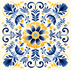 Fototapeta na wymiar floral tiles in a blue and yellow watercolor ornate style