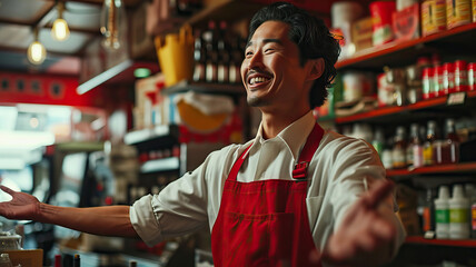 Fototapeta premium An Asian Man Stands with Arms Outstretched as a Gas Station Attendant, Brimming with Joy and Satisfaction in Providing Essential Service to Customers