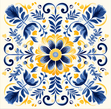 floral tiles in a blue and yellow watercolor ornate style