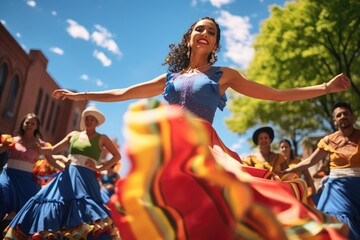 Hispanic dancers performing a traditional folk dance, their colorful costumes swirling with movement