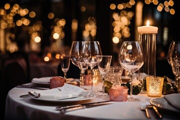 Wine glasses and elegant and selected decoration on the restaurant table romantic atmosphere, dining menu for guests