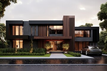 Modern design two-storey house with large windows and terrace