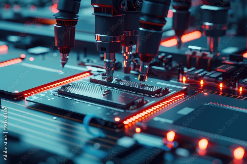 Poster robotic manufacturing of semiconductors and computer chips from silicon wafers. modern technology co