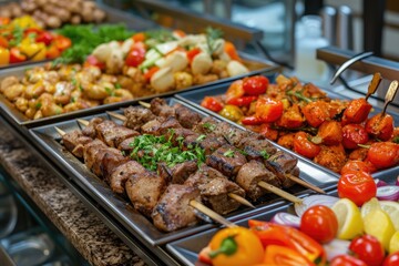 Catering buffet food indoor in restaurant with grilled meat.