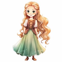 AI generated illustration of an adorable young German girl with long hair on the white background