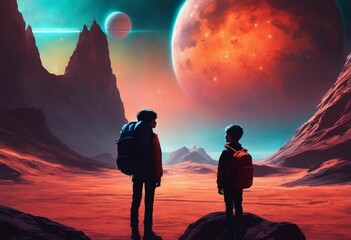 Two kids with backpacks between cliffs with a background of planets - obrazy, fototapety, plakaty