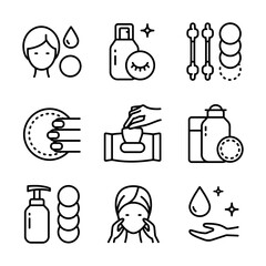 Makeup removal line icons set vector illustration. Outline beauty products from skin of face, facial tissue and cotton pads, cleanser and water to clean and care skin