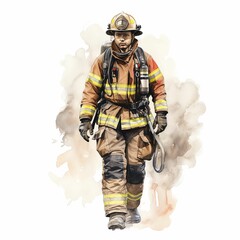AI generated illustration of a firefighter walking away from a blazing fire, in a watercolor style