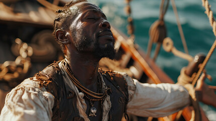 African American Man Stands with Arms Outstretched on a Pirate Ship, Radiating Happiness and...