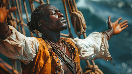 African American Man Stands with Arms Outstretched on a Pirate Ship, Radiating Happiness and...