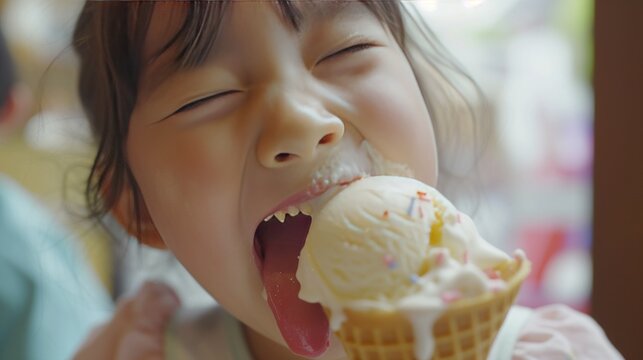 happy children girl licking the ice cream deliciously. generative ai