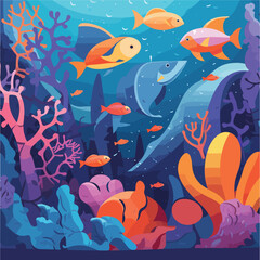 Fototapeta na wymiar Digital illustration of colorful fish swimming in blue waters