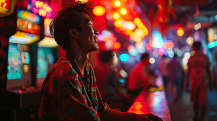 Obraz premium Arcade Bliss: An Asian Man Stands with Arms Outstretched in an Arcade Room, Experiencing Pure Joy and Excitement Amidst the Glow of Video Games and Fun