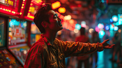 Obraz premium Arcade Bliss: An Asian Man Stands with Arms Outstretched in an Arcade Room, Experiencing Pure Joy and Excitement Amidst the Glow of Video Games and Fun