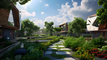 Project of ecological green city area and apartments with futuristic architecture, future modern creative architecture resort, creative building exterior, the concept of unity with nature