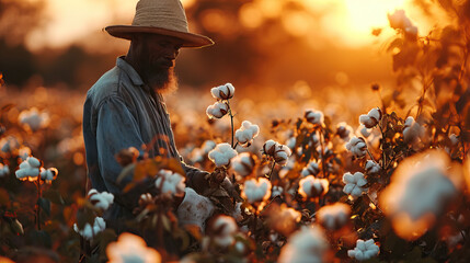 An African Black Man Picks Cotton in the Field, Reflecting the Laborious Work of Olden Times - obrazy, fototapety, plakaty