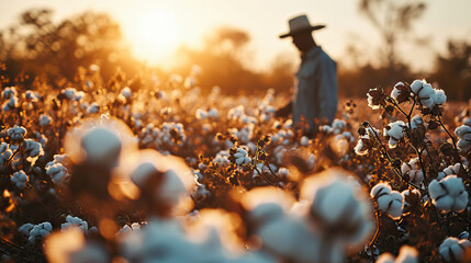 An African Black Man Picks Cotton in the Field, Reflecting the Laborious Work of Olden Times