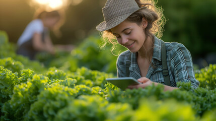 Close Up of a Young farmer using digital tablet inspecting fresh vegetable in organic farm, Agriculture technology and smart farming concept - obrazy, fototapety, plakaty