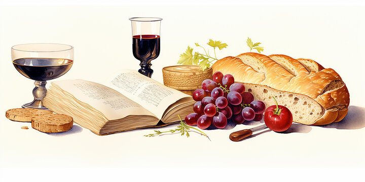 Simboli eucaristici. Simboli della Cena del Signore: Bibbia, bicchiere di vino e pane sul tavolo,  sfondo bianco, stile acquerello