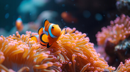 Naklejka na ściany i meble Underwater scene, multiple clownfish swimming in anemone coral reef, symbiosis concept, fish known also as Nemo