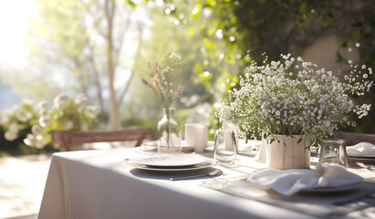  Beautiful white and beige colors table decoration with tablecloth and napkins, fresh flowers bouquet, silver plated Cutlery, elegant and luxury porcelain plates. Sunny terrace with garden view.