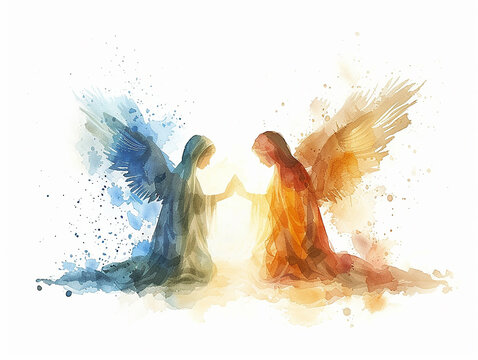 angeli in stile acquerello di profilo su sfondo bianco, annunciazione, pasqua del Signore