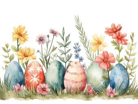 sfondo pasquale in stile acquerello con uova di Pasqua e fiori, sfondo bianco scontornabile, colori pastello, 