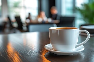 Cup of coffee on the table in the office in the background with office workers.