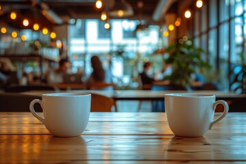 Cup of coffee on the table in the office in the background with office workers.