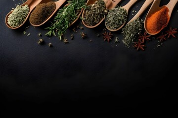 various herbs on wooden spoons with spices around them in the dark